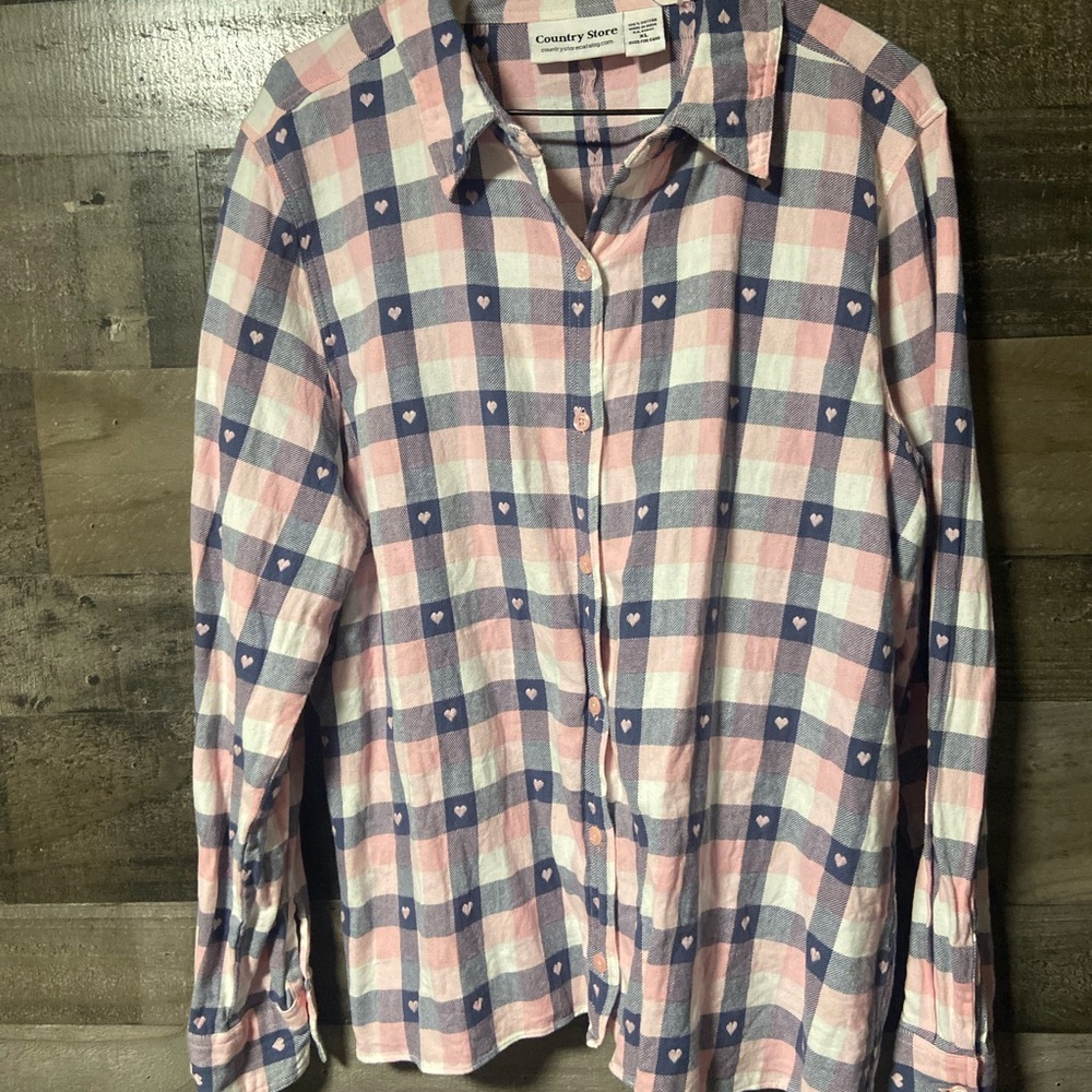 Country Store vintage Pink and Blue Checkered Ladies Shirt with heart accents XL
